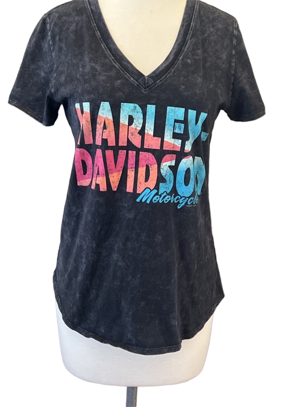 Harley-Davidson Black acid washed V-Neck Tee with Pink & Blue Logo